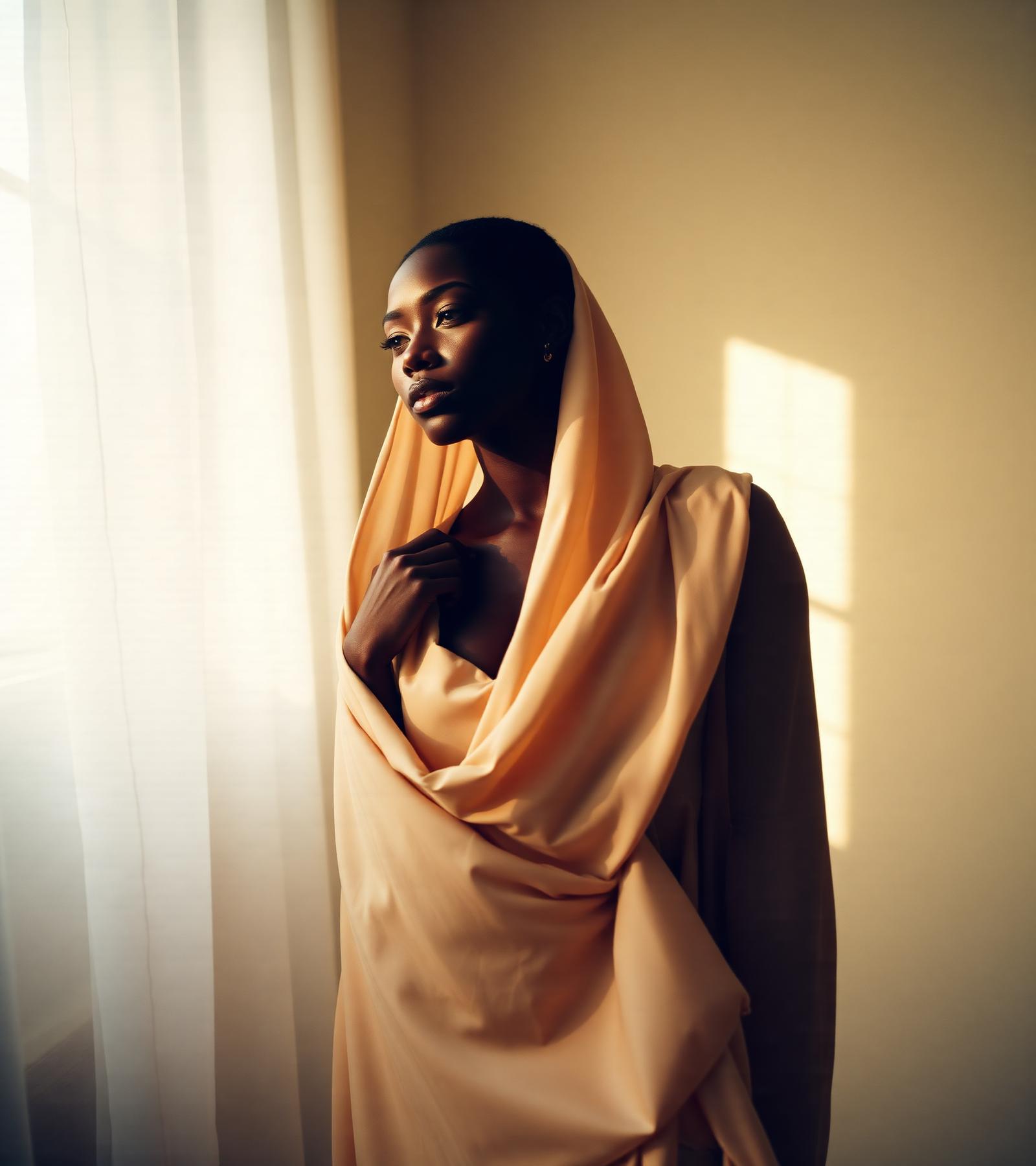 Editorial portrait of a woman draped in warm silk beside a window