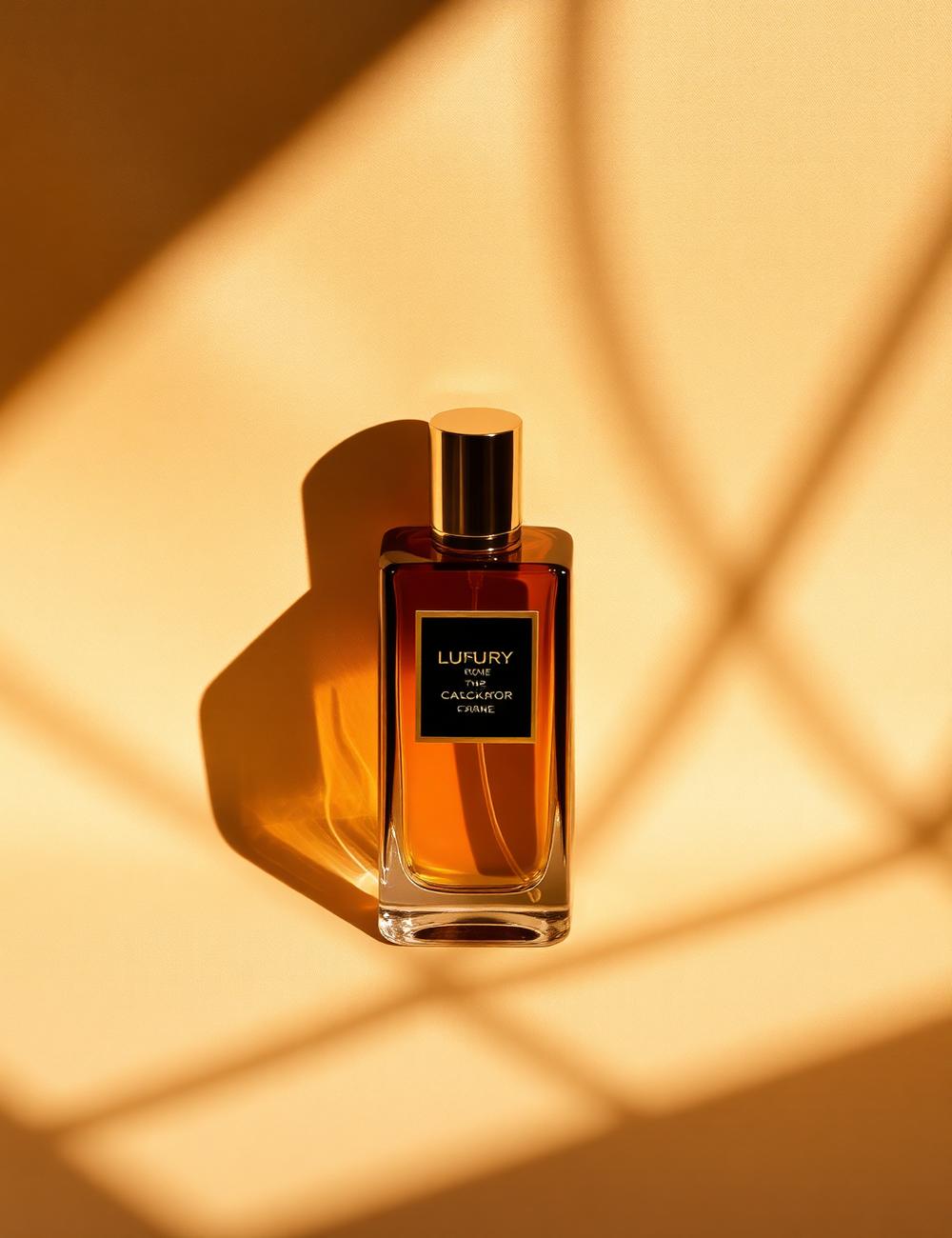 Amber perfume bottle with sculptural shadows