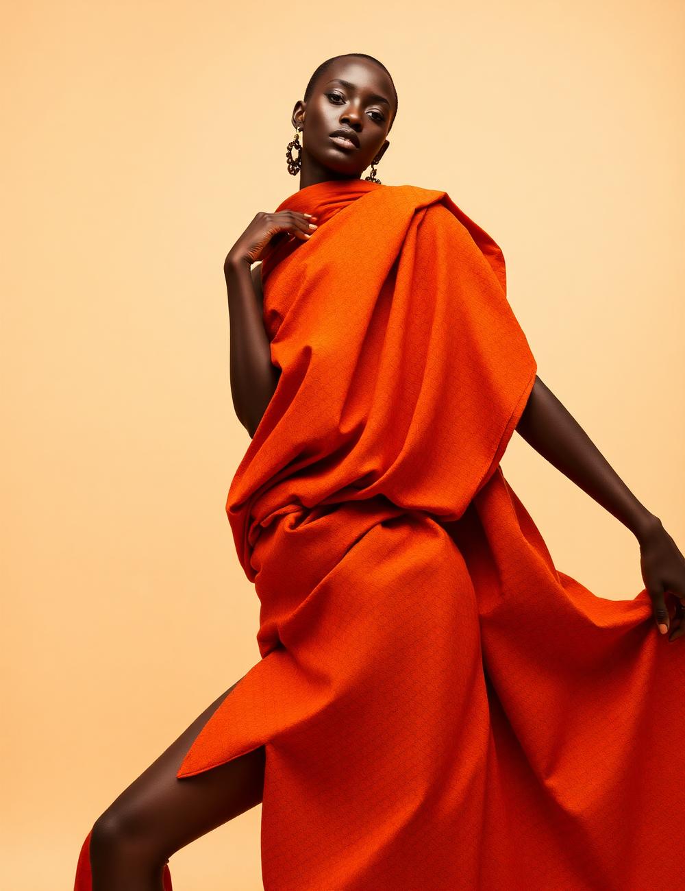 Model in flowing ochre drapery
